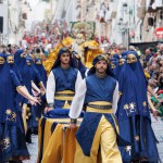 04-20-2024, Alcoy, Spain: Street ballet accompanying the Mudejares group in a popular parade. Popular festivals declared of international tourist interest since 1980