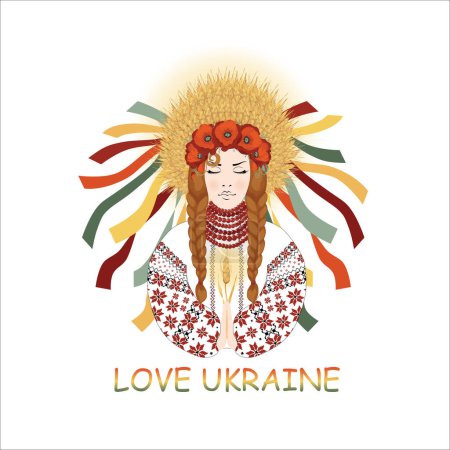 Illustration for I love Ukraine, Ukrainian woman prays, wearing an embroidered dress and a wreath of poppies and wheat ears - Royalty Free Image