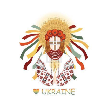 Ich liebe die Ukraine, Motanka Doll betet für die Ukraine in einem bestickten Kleid und einem Kranz aus Viburnum- und Weizenähren. Traditionelles ukrainisches Amulett