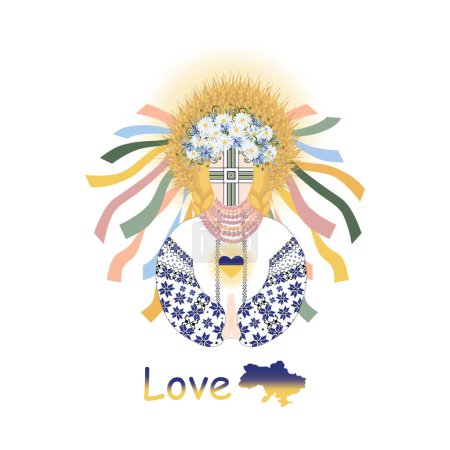 Illustration for I love Ukraine, Motanka Doll prays for Ukraine wearing an embroidered dress and a wreath of wild flowers and wheat ears. Traditional Ukrainian amulet - Royalty Free Image