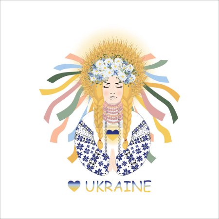 Una mujer ucraniana reza con un vestido bordado y una corona de trigo