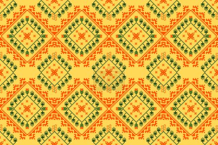 Téléchargez les illustrations : Motif pixel carrés design ethnique connectés les uns aux autres vert jaune orange Pour tissus tapis, textiles imprimés matériaux papier peint rideaux couvertures draps sacs. - en licence libre de droit