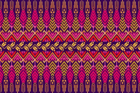 Illustration for Ethnic geometric fabric pattern. Abstract fabric design pixel art. purple pink yellow gradient pixel art pattern. designed for fabric patterns, textiles, home decor, decoration, wallpaper - Royalty Free Image