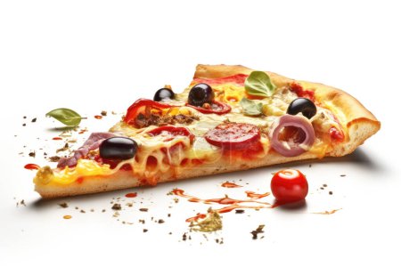 Kawałek pizzy na białym tle. Dobre dla blogger żywności, Vlog, zawartość żywności w mediach społecznościowych lub reklamy.