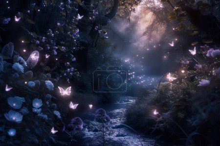 Téléchargez les photos : Illuminée par la douce lueur des fleurs bioluminescentes et le flottement des papillons colorés, une voie mystique serpente à travers la forêt enchantée, transportant les visiteurs dans un royaume de magie et d'émerveillement. - en image libre de droit