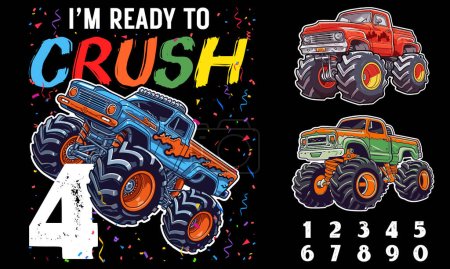 Monster Truck bereit, Geburtstagskind zu zerquetschen. Eine Sammlung von Monstertrucks und Nummer für Sie, um T-Shirts mit Print-on-Demand-Designs für alle Altersgruppen zu entwerfen. Erleichtern Sie Ihre POD-Arbeit mit dieser Sammlung von coolen LKWs und allen Zahlen 