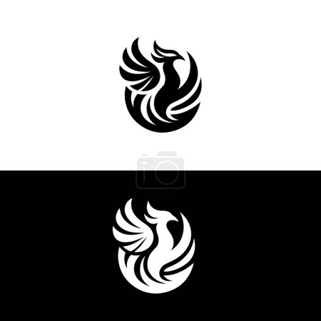Ilustración de Enigmático emblema de Phoenix en blanco y negro que retrata el renacimiento y la eternidad sobre un fondo dual - Imagen libre de derechos