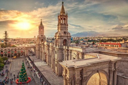 Arequipa Cathedral, view at sunset, Peru