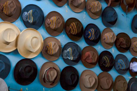 Photo for Handmade straw and corduroy hats ready for sale - Royalty Free Image
