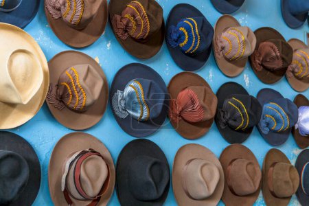 Photo for Handmade straw and corduroy hats ready for sale - Royalty Free Image