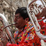 February 4, 2024, Lima PERU. Dancers and music bands in the parade of the festivity of the virgin of Candelaria in the main square of Lima.