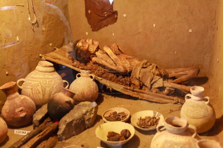 Inca culture mummy in a display urn in Lima Peru