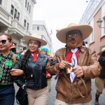 Dancers from the Ancash region with their typical costumes in the streets of Lima, Peru.