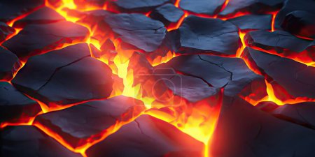 Photo for Molten lava texture background. Ground hot lava. Burning coals, crack surface. Abstract nature pattern, glow faded flame. 3D Render Illustration - Royalty Free Image
