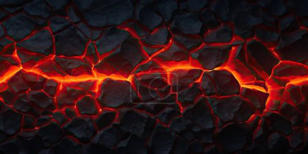 Foto de Fondo de textura de lava fundida. lava caliente en tierra. Carbón ardiendo, superficie de grieta. Patrón de la naturaleza abstracta, resplandor se desvaneció llama. Ilustración de renderizado 3D - Imagen libre de derechos