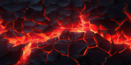 Fondo de textura de lava fundida. lava caliente en tierra. Carbón ardiendo, superficie de grieta. Patrón de la naturaleza abstracta, resplandor se desvaneció llama. Ilustración de renderizado 3D