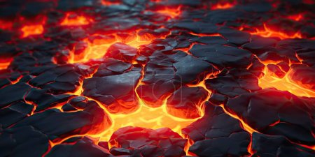 Geschmolzene Lava Textur Hintergrund. Heiße Lava gemahlen. Brennende Kohlen, Risse an der Oberfläche. Abstraktes Naturmuster, verblasste Flamme. 3D Render Illustration