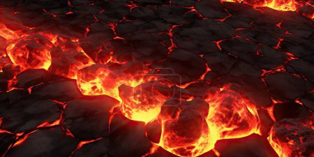Foto de Fondo de textura de lava fundida. lava caliente en tierra. Carbón ardiendo, superficie de grieta. Patrón de la naturaleza abstracta, resplandor se desvaneció llama. Ilustración de renderizado 3D - Imagen libre de derechos