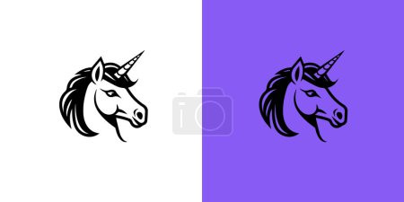 Photo for Black silhouette of graceful unicorn logotype. Fairy tale symbol. Vector flat icon on white and purple background. Magic logo - Royalty Free Image