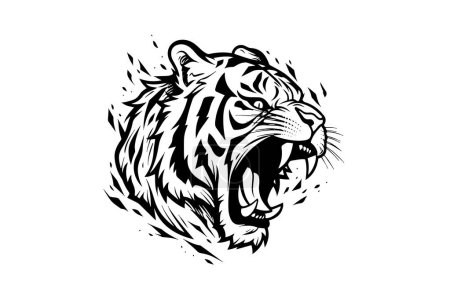Tigermaskottchen Sport oder Tätowierung Design. Schwarz-weiße Vektorillustration Logotyp Zeichenkunst