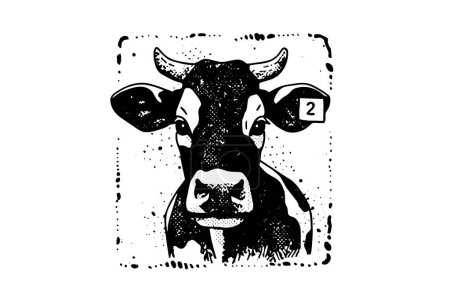 Photo for Black cow head logotype for meat industry or farmers market hand drawn stamp effect vector illustration - Royalty Free Image