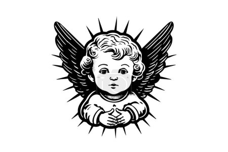 Kleiner Engel Logotyp Vektor Retro-Stil Gravur schwarz-weiße Illustration. Niedliches Baby mit Flügeln