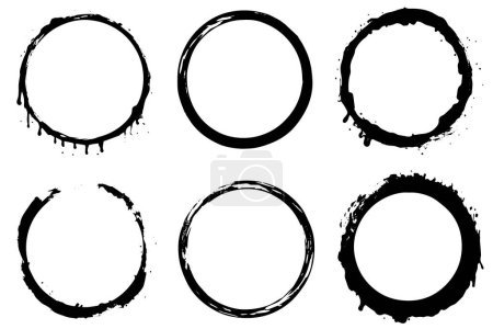 Illustration for Black shapes of wine circle and coffee ring stains. Dirty splashes and spots Hand drawn tea or ink ring stains on white background. Vector illustration - Royalty Free Image