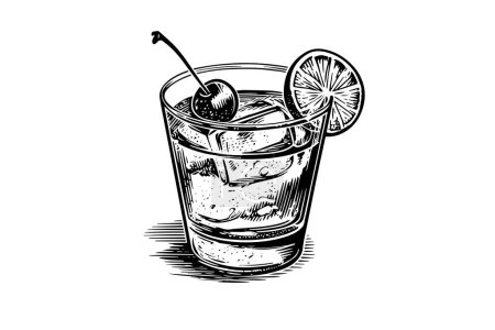 Photo for Old fashion cocktail engraved isolated drink vector illustration. Black and white sketch composition - Royalty Free Image