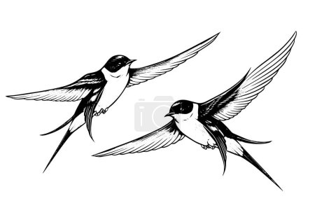 Ink sketch of flying swallow. Hand drawn engraving style vector illustration