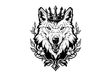 Wolf head in crown hand drawn ink sketch. Engraving vintage style vector illustration. Design for logotype, mascot, print
