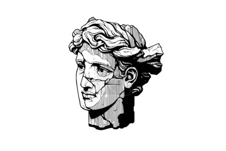 Estatua agrietada cabeza de escultura griega boceto grabado estilo vector ilustración