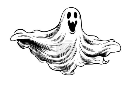 Style de gravure fantôme volant effrayant dessiné à la main Halloween Illustration