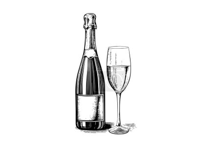 Photo for Bottle with Champagne and wine glass engraving style art, hand drawn sketch vector illustration - Royalty Free Image