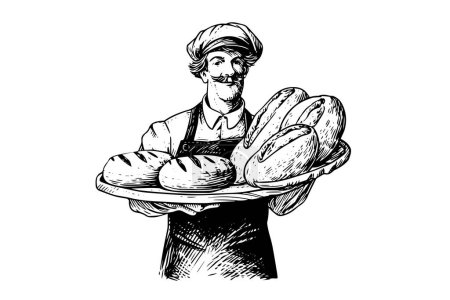 Illustration pour Croquis à l'encre dessinée à la main d'un boulanger masculin avec du pain cuit sur un plateau. Illustration vectorielle de style gravé. Conception pour logotype, publicité - image libre de droit