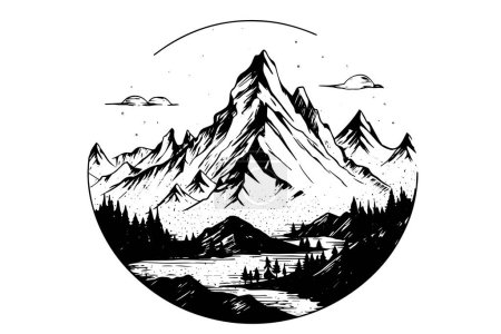 Photo for Hand drawn ink sketch of mountain with pine trees landscape. Engraved style logotype vector illustration - Royalty Free Image