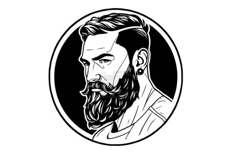 Téléchargez les illustrations : Portrait dessiné à la main d'un homme barbu de profil. Croquis à l'encre de hipster. Illustration vectorielle de logotype - en licence libre de droit
