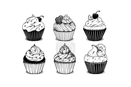 Photo for Set of cupcake in engraving style. Ink sketch isolated on white background. Hand drawn vector illustration - Royalty Free Image