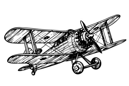 Téléchargez les illustrations : Croquis à l'encre dessiné à la main de l'avion. Illustration vectorielle de style gravure - en licence libre de droit