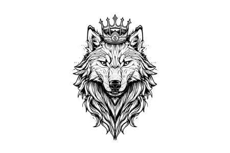 Wolf head in crown hand drawn ink sketch. Engraving vintage style vector illustration. Design for logotype, mascot, print