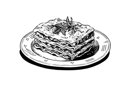 Téléchargez les illustrations : Pâtes italiennes. Lasagne sur une plaque, fourchette avec spaghettis Illustration de style gravure vectorielle - en licence libre de droit