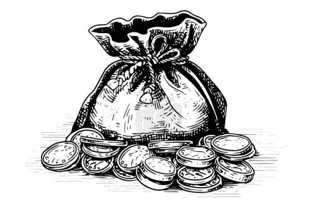 Photo for Vintage bag full of money coins hand drawn ink sketch. Engraving style vector illustration - Royalty Free Image