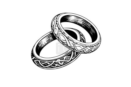 Vector hand drawn illustration of wedding jewelry rings in vintage engraved style