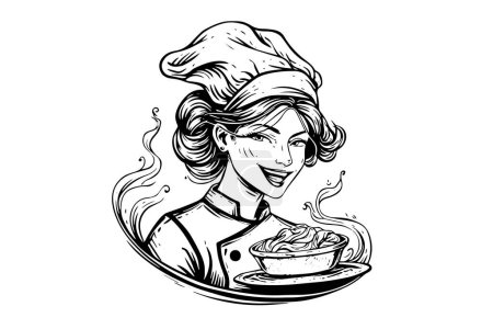 Photo for Smiley woman chef ink sketch in engraving style. Drawing young female vector illustration - Royalty Free Image