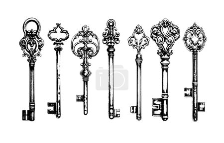Victorian key collection vintage illustration. Medieval Gothic locks set. Vector keys in engraving style for decoration design