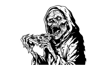 Illustration for Zombie eats a pizza ink sketch. Walking dead fast food hand drawing vector illustration - Royalty Free Image