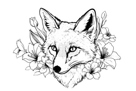 Photo for Fox head framed with flowers hand drawn ink sketch. Engraving style vector illustration - Royalty Free Image