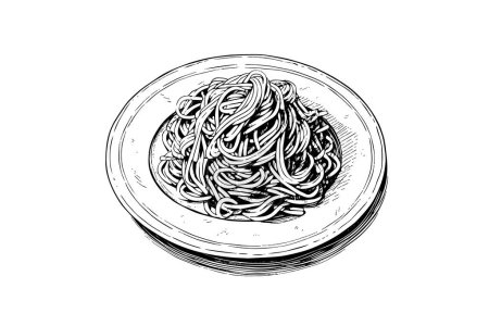 Téléchargez les illustrations : Pâtes italiennes. Spaghettis sur une assiette, fourchette avec spaghettis Illustration de style gravure vectorielle - en licence libre de droit