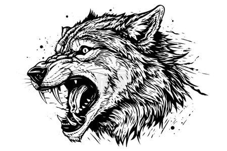 Wütende Wolf Kopf gezeichnete Tusche Skizze. Vektor-Illustration im Vintage-Stil. Design für Schriftzug, Maskottchen, Druck