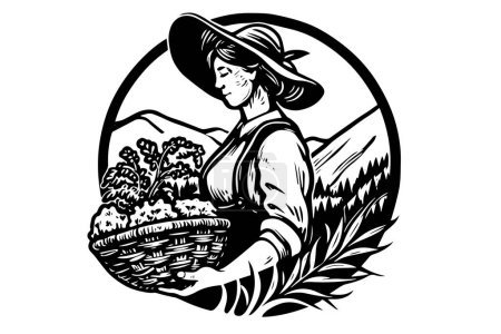Photo for A woman farmer harvesting in the field in engraving style. Drawing ink sketch vector illustration - Royalty Free Image