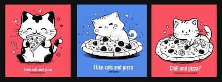 Illustration for Set of prints with cats and pizza on red and blue background. Template for posts to social networks. Banner for advertising, cover for menu - Royalty Free Image